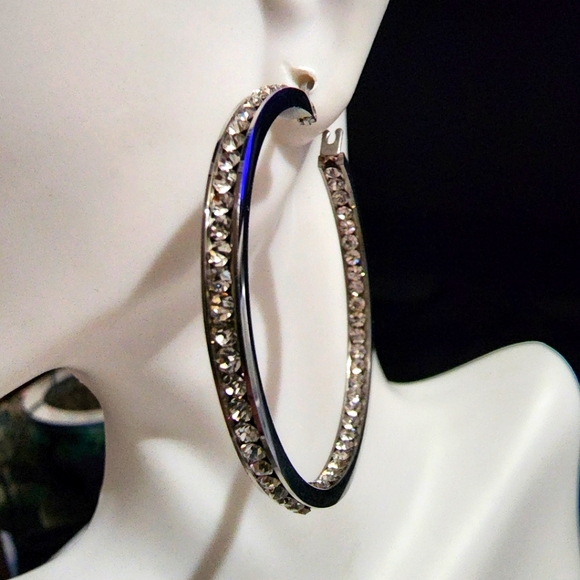 Stainless Steel In & Out Diamond Hoop Earrings - Picture 3 of 9